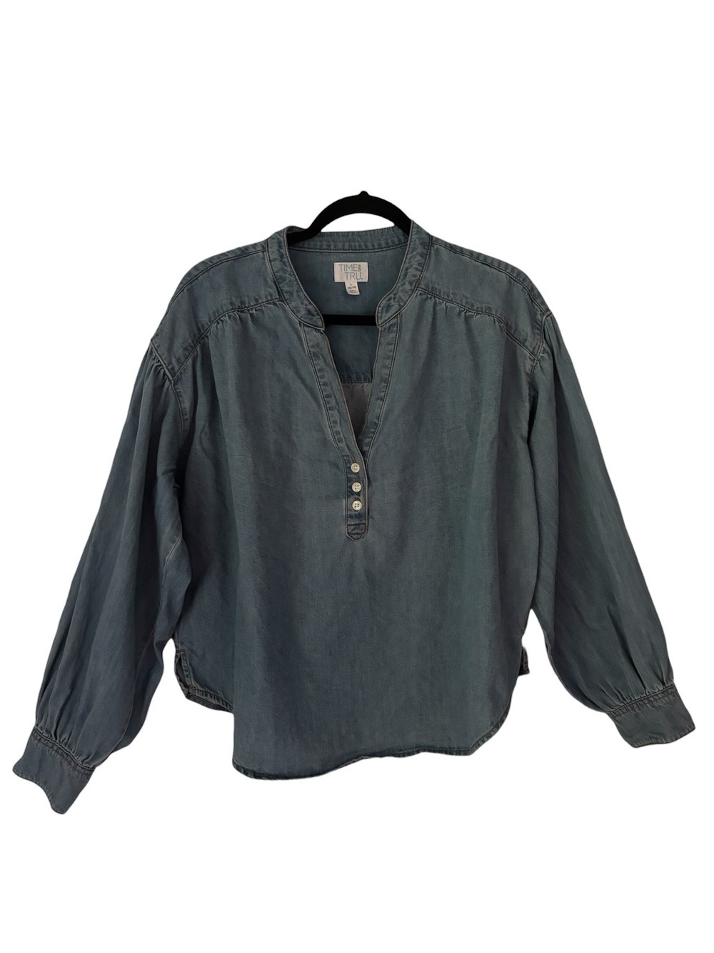 Time and Tru Denim Blue Button-Placket Henley Long Sleeve Top